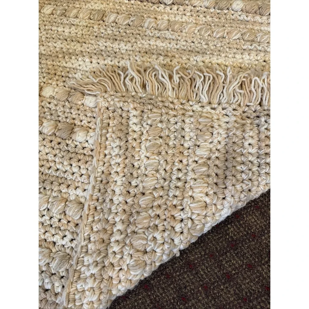 Vintage Handmade Crocheted Afghan Throw Blanket Bobble Stitch Fringe Boho 70x43